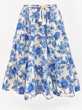 Blue White Floral Tiered Midi Skirt Boho Cottagecore